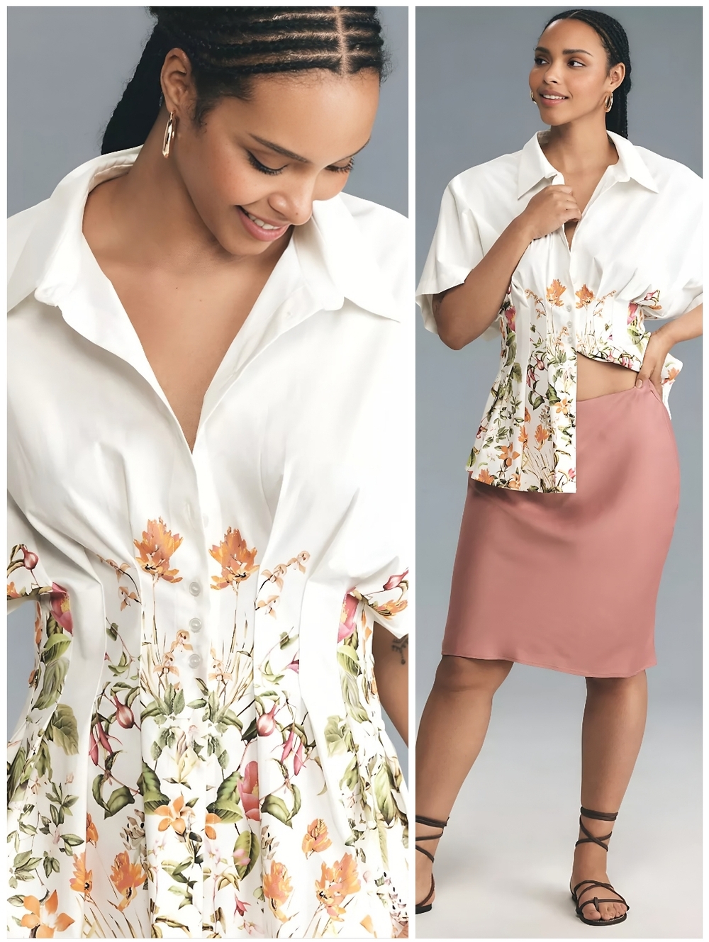 Anthro EXQUISE Pleated Floral Button Up White Pink Top, XL - Picture 2 of 11